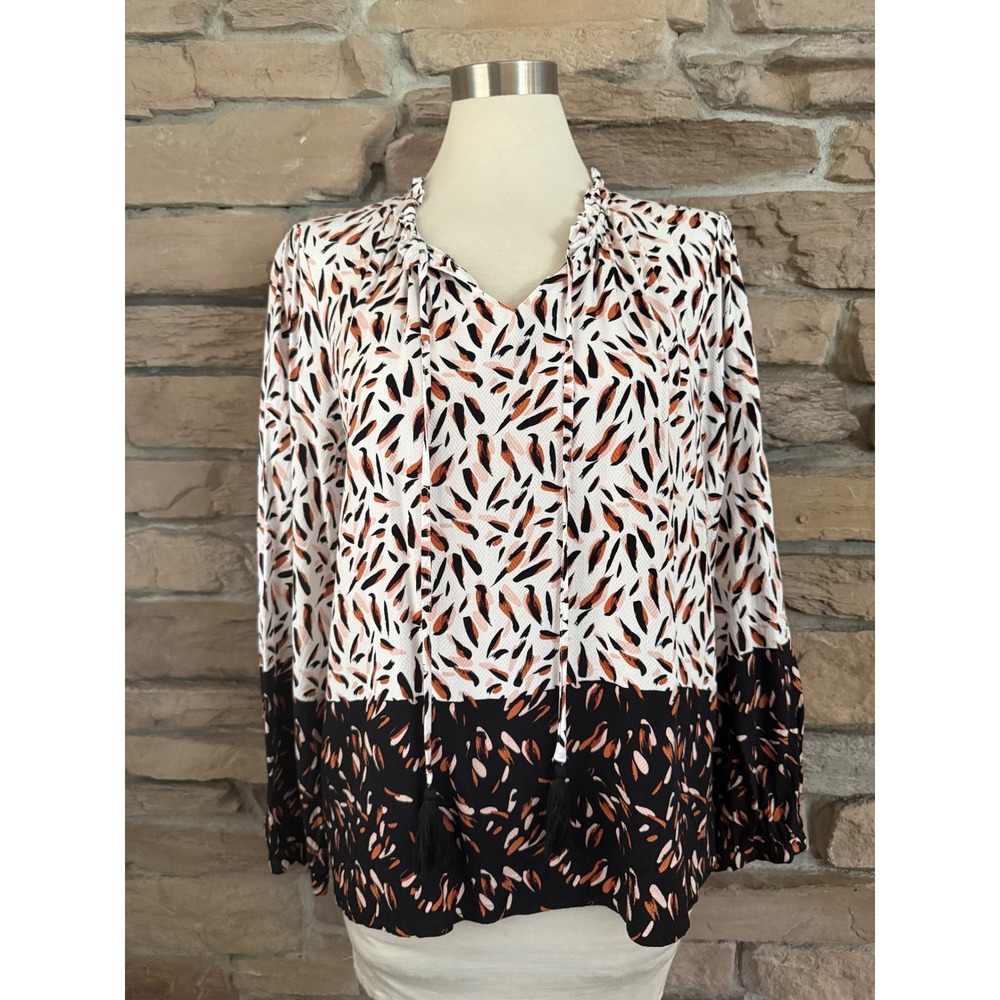 Tribal Womens Large Abstract Feather Print Tassel Tie Blouse Black White